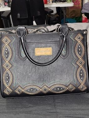 Wrangler Black Satchel with Gold and Teal Embroidery